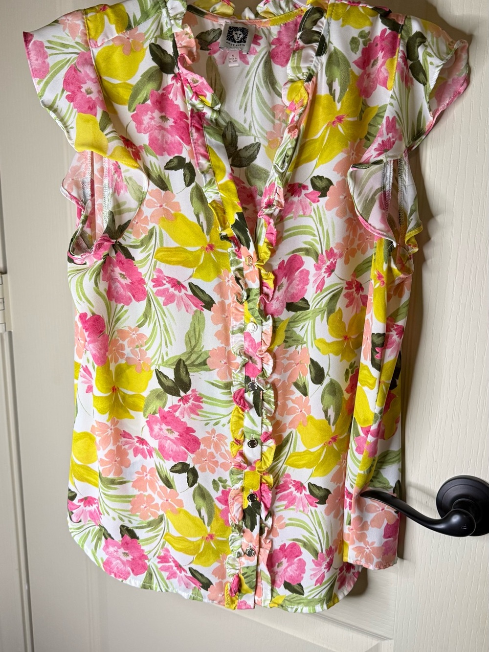Anne Klein Pink, Yellow & Green Floral Ruffle Button-Front Blouse